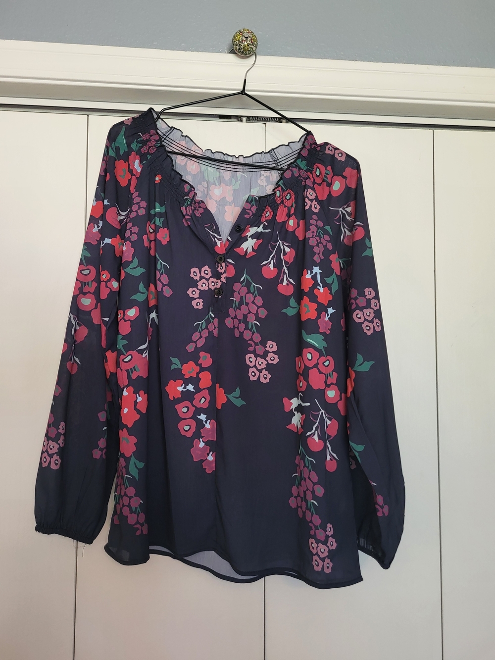 Women's Navy Floral Peasant Blouse - Navy with Pink & Red Floral